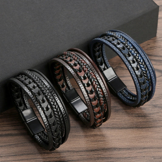 Fashion Handwoven Multilayer Design Leather Bracelet With Stainless Steel Magnetic Clasp for Men Women Accessories SCB007