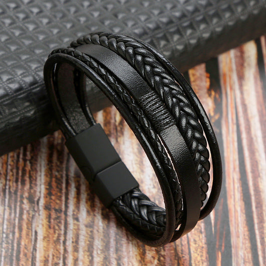 Fashion Handwoven Multilayer Design Leather Bracelet With Stainless Steel Magnetic Clasp for Men Women Accessories SCB007