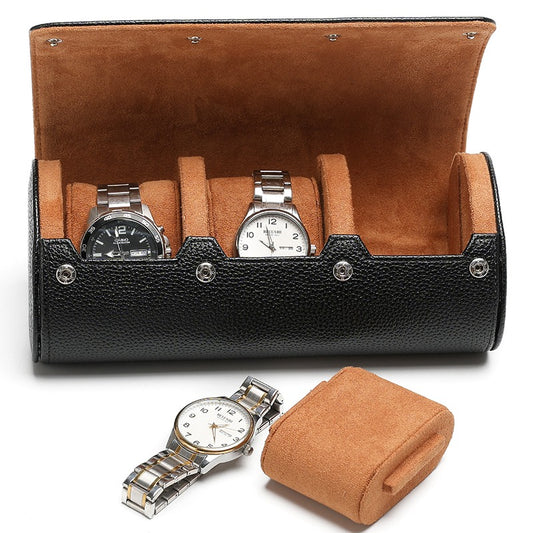 Custom Oem Men Pebble Grain Leather 3 Slot Travel Watch Roll case Designer Caja De Reloj Sliding Out Leather Watch Storage Roll