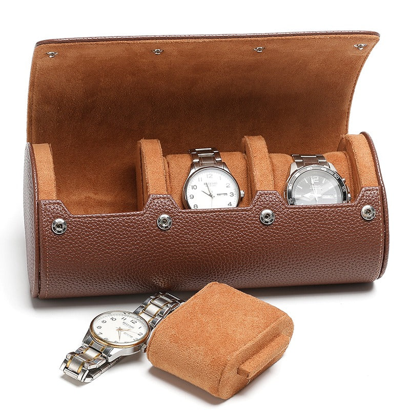Custom Oem Men Pebble Grain Leather 3 Slot Travel Watch Roll case Designer Caja De Reloj Sliding Out Leather Watch Storage Roll
